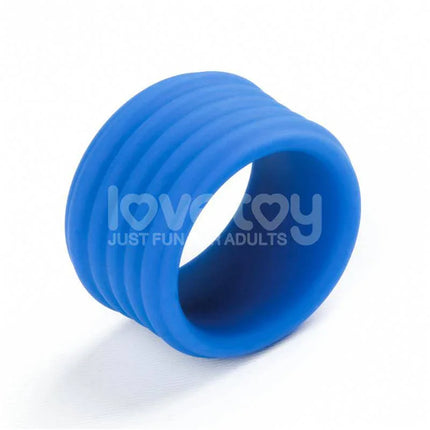 Pinnacle Pro deep Rib Grip Penis Ring in blue silicone with ribbed design, providing comfort and durability for enhanced performance.