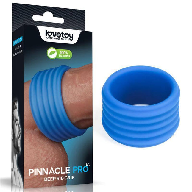 Pinnacle Pro deep Rib Grip Penis Ring in blue silicone, featuring ribbed design for durable and secure fit.