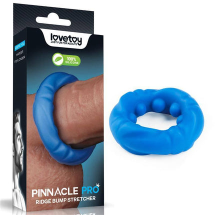 Pinnacle Pro Ridge Bump Stretcher Penis Ring blue silicone ring with packaging shown for enhanced stamina and sensations.
