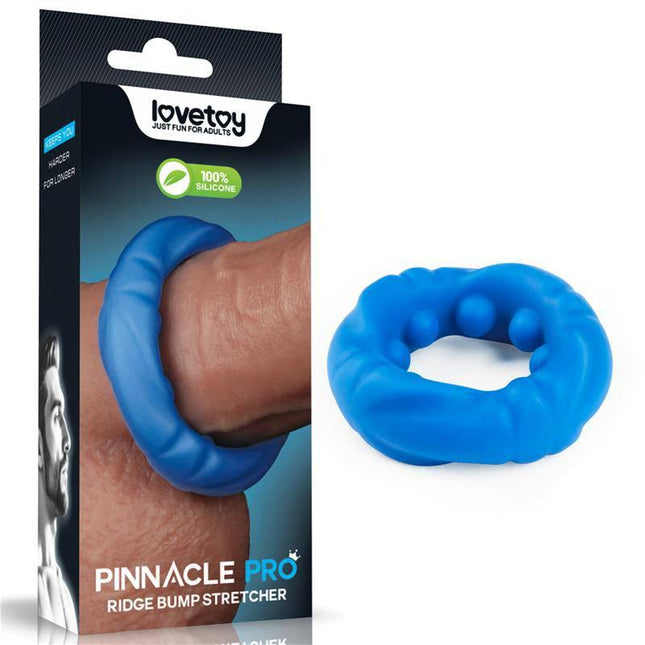 Pinnacle Pro Ridge Bump Stretcher Penis Ring blue silicone ring with packaging shown for enhanced stamina and sensations.
