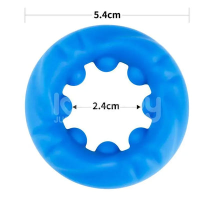 Close-up of blue Pinnacle Pro Ridge Bump Stretcher Penis Ring with measurements, highlighting its structure and design details.