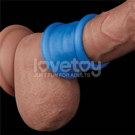 Pinnacle Pro Tapered Squeeze Stretcher Penis Ring in blue silicone for comfort and enhanced sensation