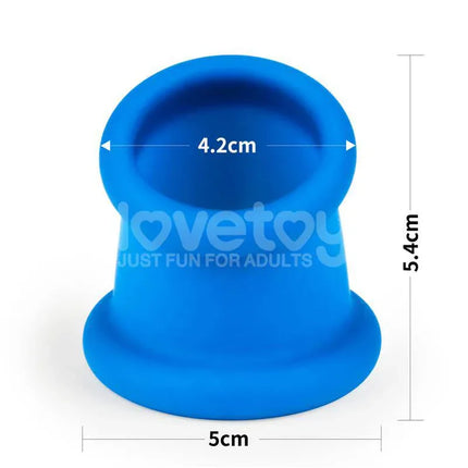 Blue Pinnacle Pro Tapered Squeeze Stretcher Penis Ring with dimensions 4.2cm and 5.4cm