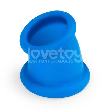 Pinnacle Pro Tapered Squeeze Stretcher Penis Ring in blue silicone, enhancing comfort and sensation with a ribbed design.
