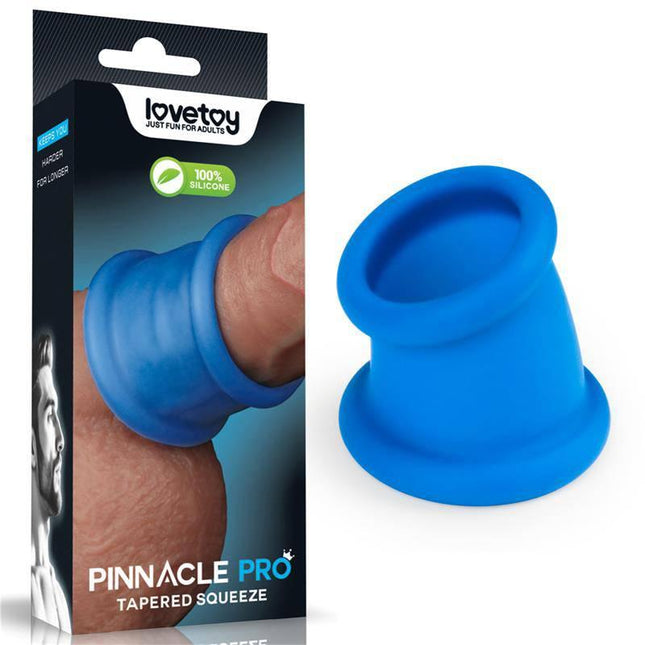 Pinnacle Pro Tapered Squeeze Stretcher Penis Ring in blue next to packaging
