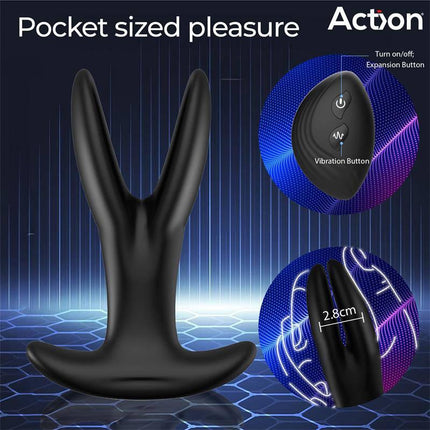 Pinsy Expandable Butt Plug with Remote Control showcasing expandable dimensions and remote features for customizable pleasure.