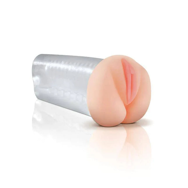Pipedream Extreme Deluxe See-Thru Stroker with clear sleeve for enhanced visual stimulation and discreet pleasure.