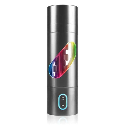Pipedream Extreme Toyz Rechargeable Roto-Bator Mouth, black and sleek motorized masturbator with rainbow accent and control button