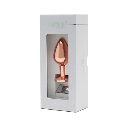 Pisa Butt Plug with Jewel Pisa Rose Gold by Rimba in packaging, aluminum material, designed for easy insertion and temperature play.