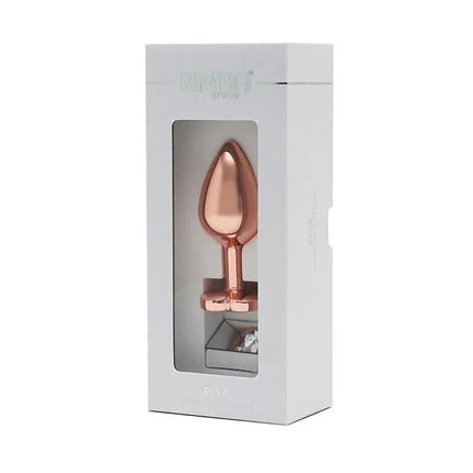 Pisa Heart Shaped Butt Plug Rose Gold in packaging, featuring rose-gold finish and heart-gem base from Rimba Toys.