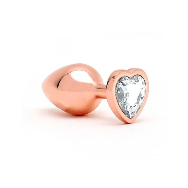 Pisa Heart Shaped Butt Plug Rose Gold with sparkling heart gem base, crafted from aluminum for stylish and romantic personal use.