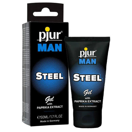 Pjur Man Gel Steel 50 ml with paprika extract for intense massages, skin nourishment, and compatibility with latex condoms. 50 ml bottle.