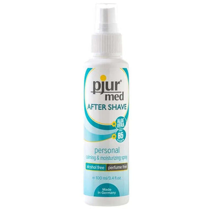 Pjur Med After Shave 100 ml bottle showing alcohol-free, perfume-free soothing spray for sensitive skin care.