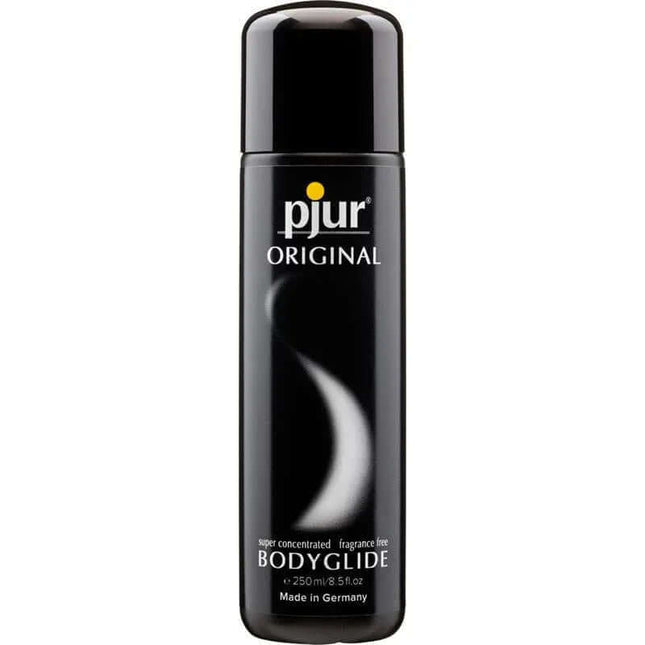 Pjur Original 250 ml silicone-based lubricant bottle for smooth glide and massages, black packaging.