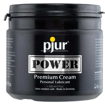 Pjur Power Lubircant 500 ml in black jar with premium, creamy personal lubricant label for intense, long-lasting glide.