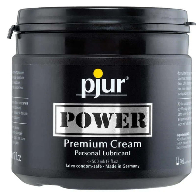 Pjur Power Lubircant 500 ml in black jar with premium, creamy personal lubricant label for intense, long-lasting glide.