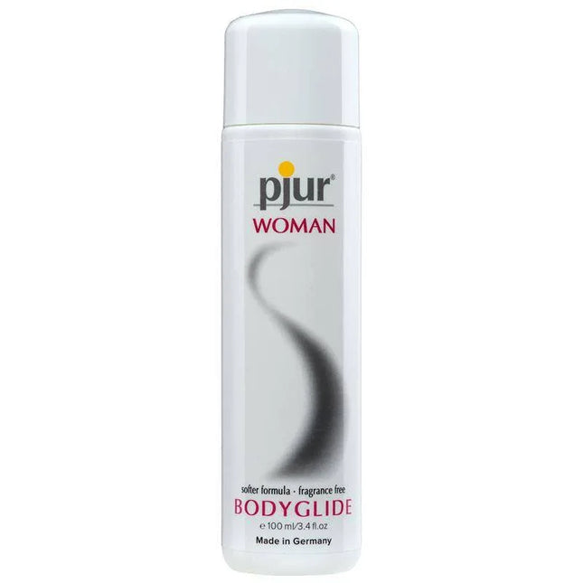 Pjur Woman 100 ml lubricant bottle for sensitive skin, long-lasting, silky feel, developed for women's intimate comfort.