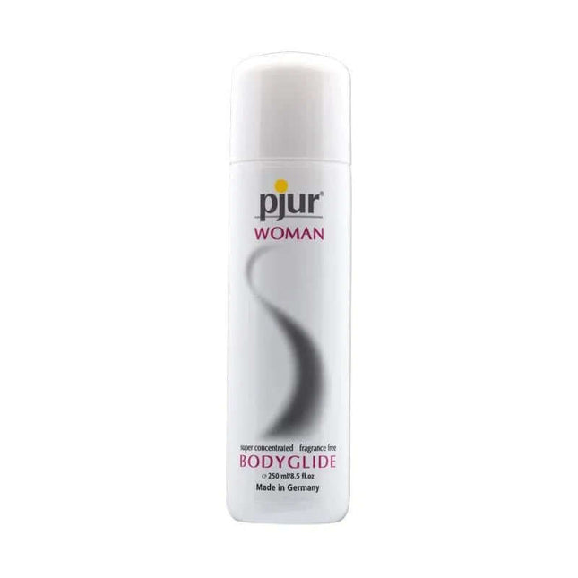 Pjur Woman 250 ml silicone-based lubricant and massage fluid bottle for women's comfort and wellbeing