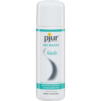 Bottle of Pjur Woman Nude 30 ml, a premium water-based lubricant for women, designed for sensitive skin and natural feel, additive-free.