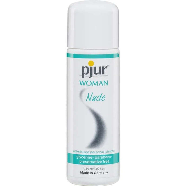 Bottle of Pjur Woman Nude 30 ml, a premium water-based lubricant for women, designed for sensitive skin and natural feel, additive-free.