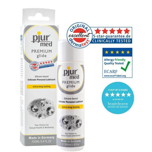Pjur Med Premium Glide 100 ml silicone-based lubricant for sensitive skin, with eco-friendly, preservative-free, long-lasting formula.