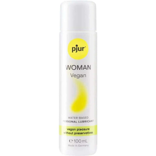 Water-base Lubricant Vegan 100 ml bottle featuring pjur Woman Vegan label, enhancing intimacy with a silky glide and vegan ingredients.