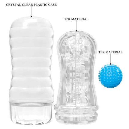 Planet Ball-Rolling Masturbator Cup Blue with clear case and TPR materials for enhanced pleasure.
