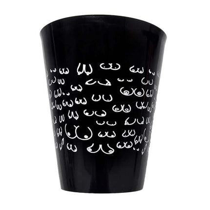 Black Plastic Cup with Breast 500ml featuring white breast designs, suitable for fun and erotic-themed celebrations.