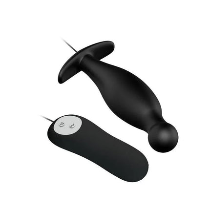 Plug Anal con 12 Patrones de Vibración, compact black design with remote control, ideal for beginners and smooth stimulation.