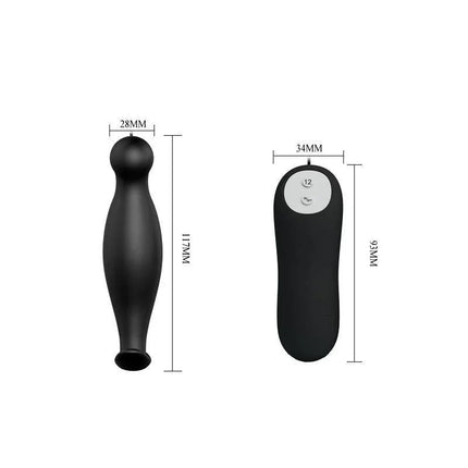 Plug Anal con 12 Patrones de Vibración, black with remote control, dimensions: 11.7 cm x 2.8 cm and 3.4 cm x 9.6 cm.