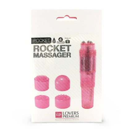 Pocket Rocket Massager Pink with four pleasure caps and glitter finish by LoversPremium.