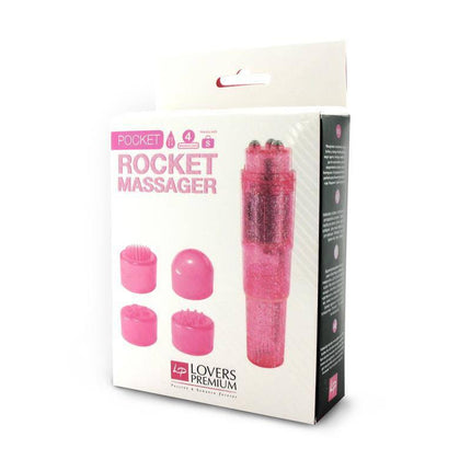 Pocket Rocket Massager Pink in box with four attachment caps and glitter finish