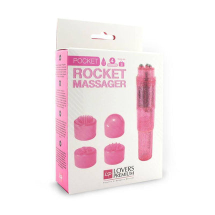 Pocket Rocket Massager Pink in packaging with four pleasure caps from LoversPremium, compact waterproof design with glitter finish.