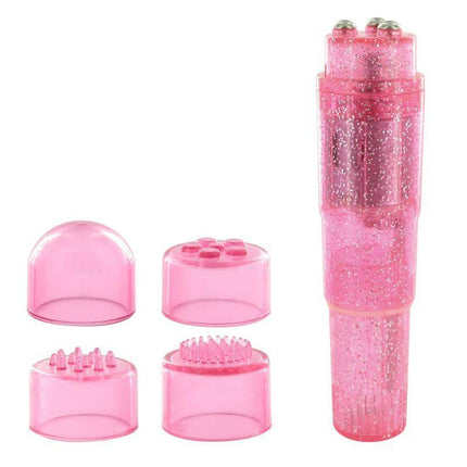 Pocket Rocket Massager Pink with four pleasure caps, showcasing shimmer glitter finish and compact design.