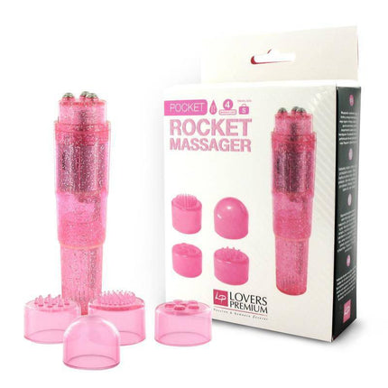 Pocket Rocket Massager Pink with four pleasure caps and packaging, compact and waterproof for on-the-go relief.