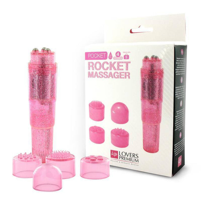 Pocket Rocket Massager Pink with four pleasure caps and packaging, compact and waterproof for on-the-go relief.