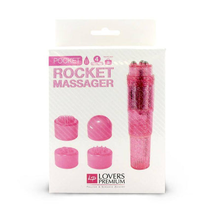 Pocket Rocket Massager Pink with waterproof design and glitter finish, includes four interchangeable caps for customized sensations.