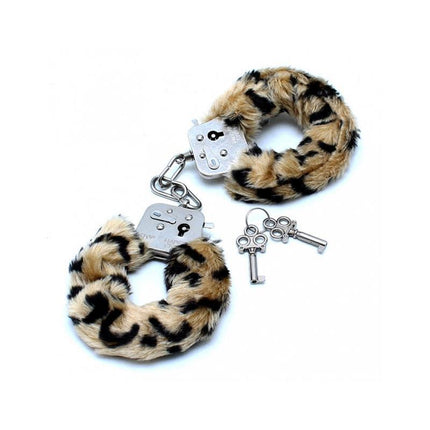 Police Cuffs with Soft Leopard Fur featuring solid metal design and removable faux fur cover, ideal for adventurous couples seeking stylish accessories.