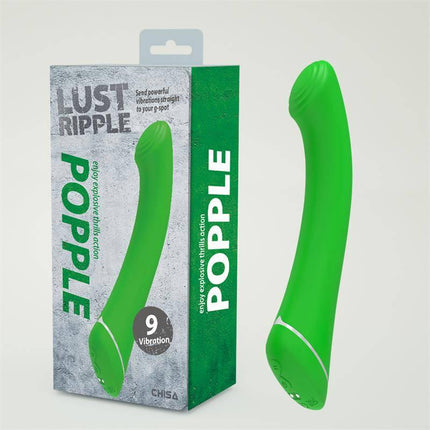 Popple Vibe USB Rechargeable Vibrator with packaging, featuring 9 vibration functions in green color, designed for precise stimulation.
