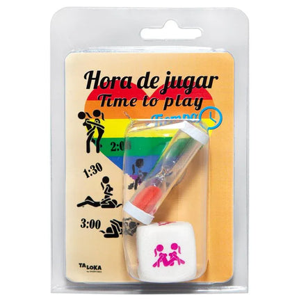 Packaging of posture dice set and an hourglass labeled 'Time to play' with colorful background.