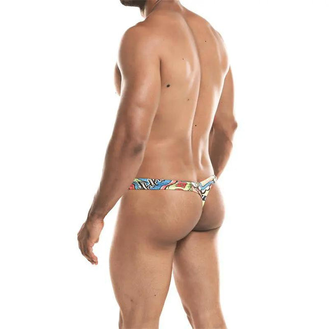 Model wearing Pouch Enhancing Thong Provocative Cartoon by Cut4men, showcasing back view of colorful men's lingerie for style and comfort.