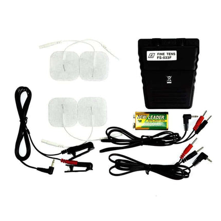 Power Box Set components including electro-stimulation control unit, electrodes, and cables for beginner electro-play.