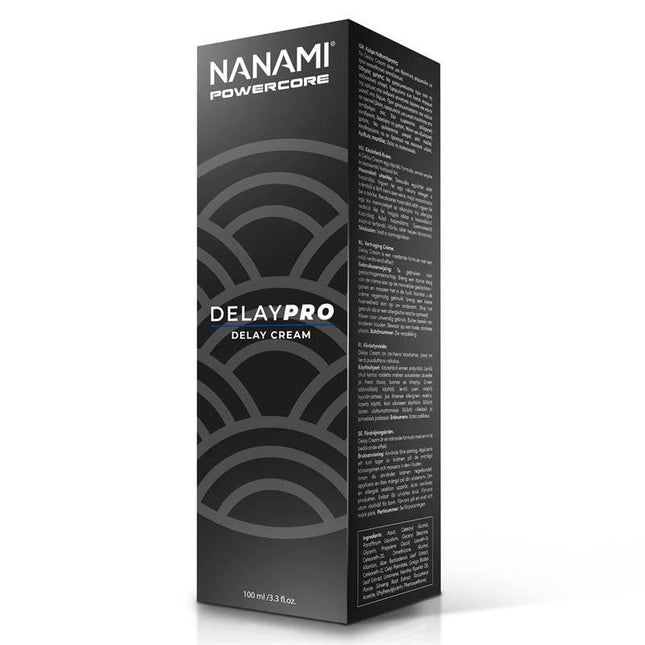 Powercore Delay Pro Delay Cream 100 ml by Nanami with black packaging for prolonged pleasure and control.