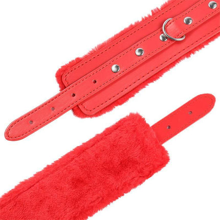 Premium Fur Adjustable handcuffs with red soft fur and durable design, ideal for secure and comfortable restraint in BDSM play.