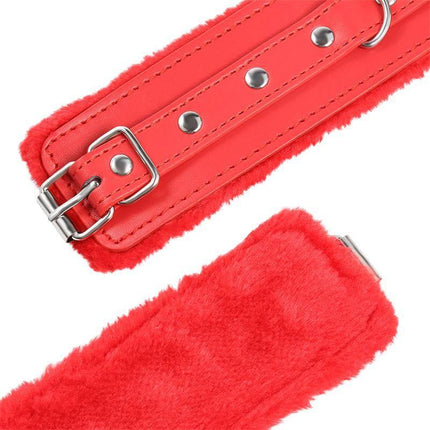 Close-up of Premium Fur Adjustable handcuffs with soft red fur lining and silver buckle detailing, designed for comfortable restraint.