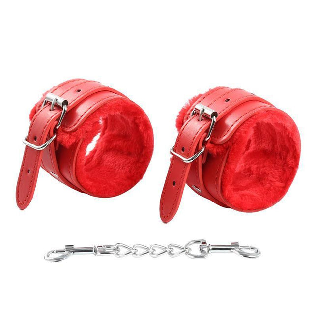 Premium Fur Adjustable handcuffs in red with a soft interior and silver chain for secure and comfortable restraint.