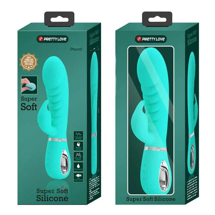 Prescott G-Spot Vibrator Green in packaging, silicone design for targeted G-spot and clitoral stimulation with 7 vibration settings.