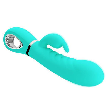 Prescott G-Spot Vibrator Green silicone pleasure toy with 7 vibration settings for G-spot stimulation, shown in bright teal color.