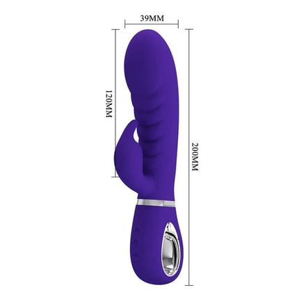 Prescott G-Spot Vibrator Lilac dual-stimulation toy with measurements in mm, featuring body-safe silicone and 7 vibration settings.