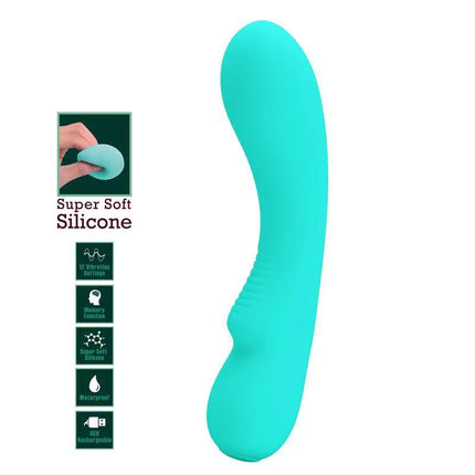 Prescott Vibrator USB Silicone Green with 12 vibration modes and memory function, in soft silicone, vibrant green finish.